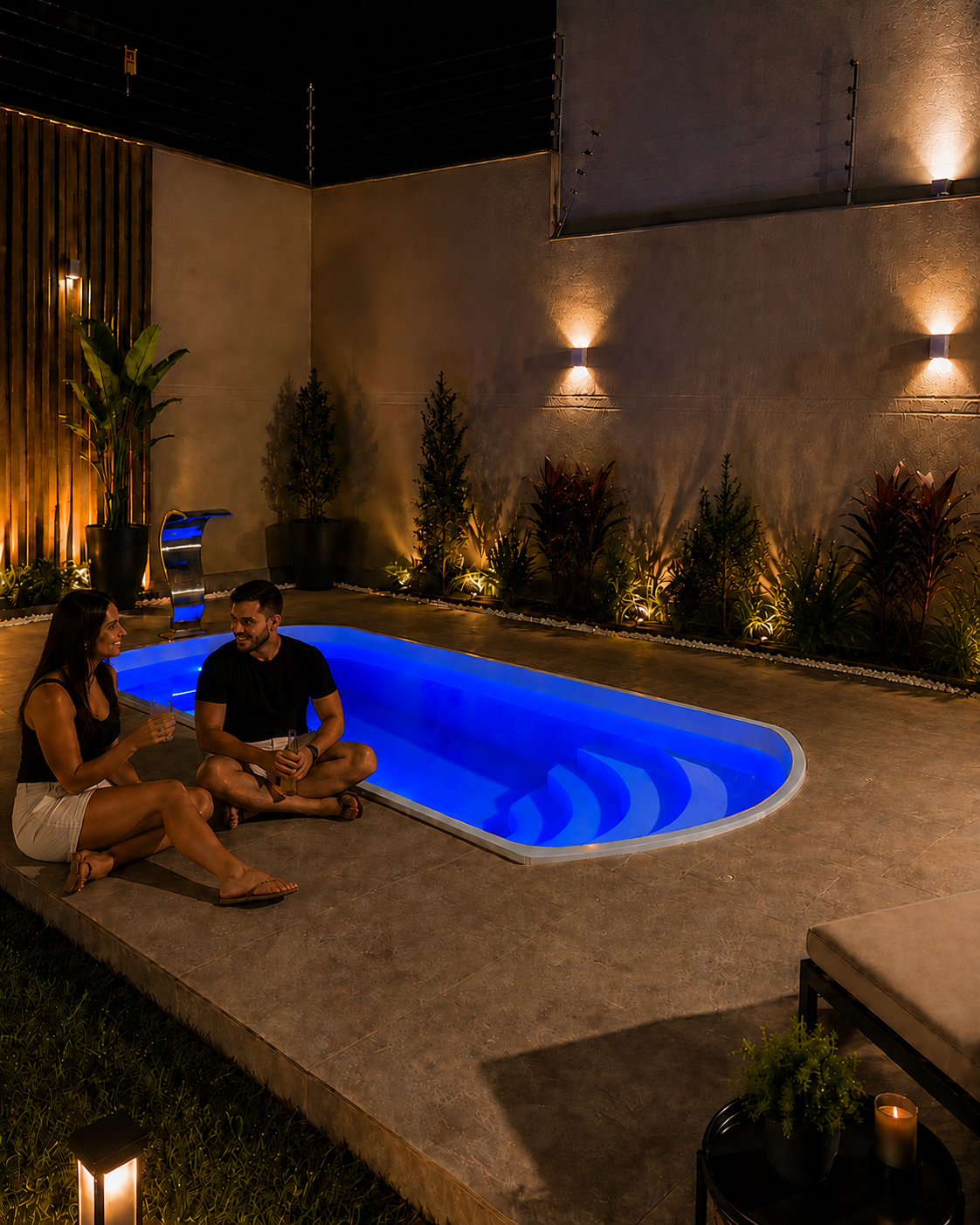 Piscina Solário com LED aceso à noite em área de lazer residencial